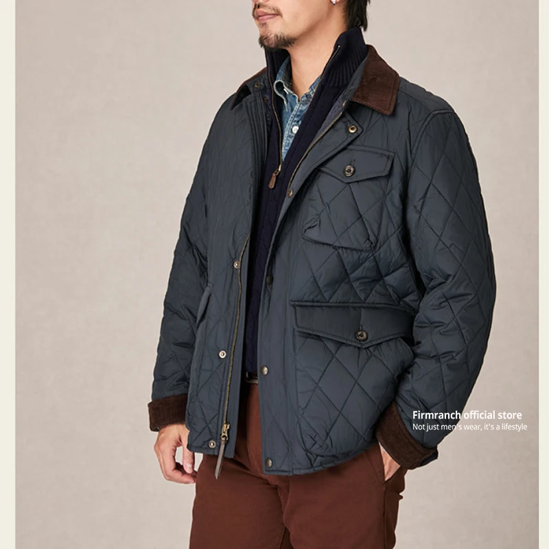 Firmranch Amekaji British Vintage Retro Cotton-padded Rhomboid Quilted Jacket Corduroy Lapel Coat Autumn Winter Blazer Men Women 3
