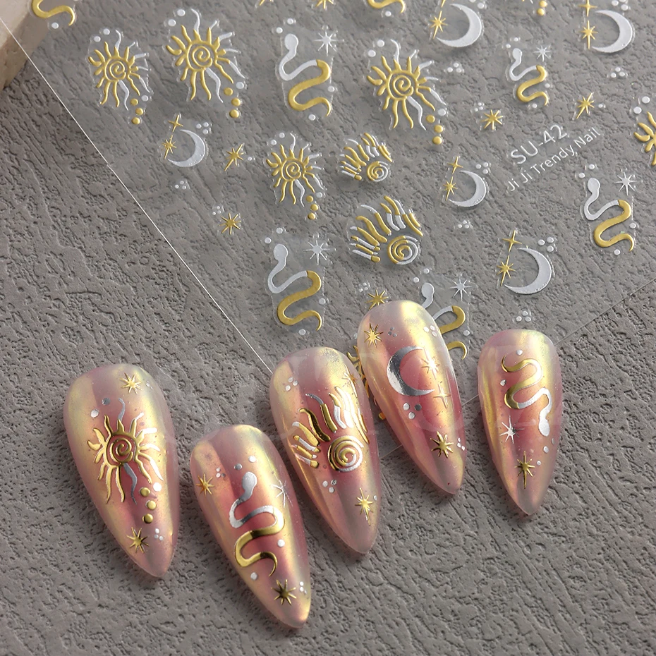 3D Snakes Star Moon Nails Stickers Gold Silver Double Color Sun Design Serpent Snakelike Crescent Pattern Manicure Decals #SU-42 4