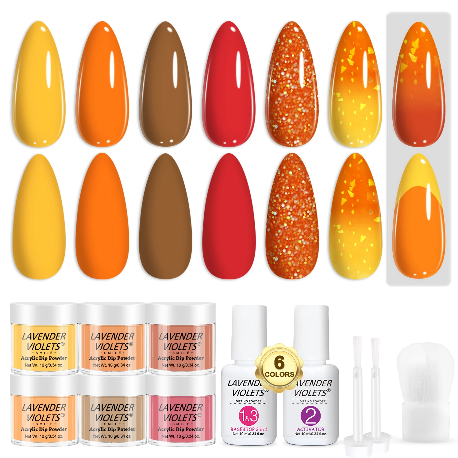 12pcs Dip Powder Nail Kit, 6 Yellow Orange Colors Dipping Powder and Essential Base Top Coat Activator for Nail Manicure