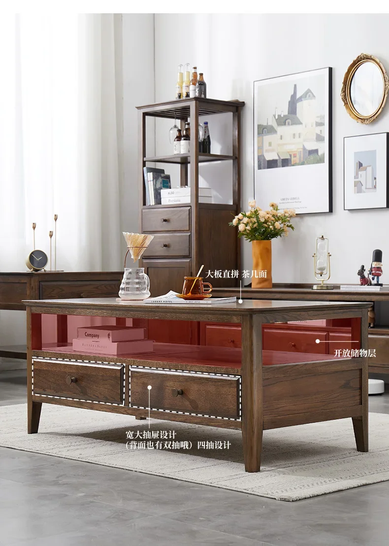 

All solid wood coffee table, home walnut color, simple living room, 1 meter 1.2 meter coffee table, red oak log furniture
