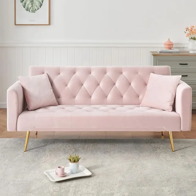 71" Modern Velvet Sofa Bed Futon, Convertible Sleeper Couch with Adjustable Backrest, Tufted Recliner Loveseat with G Customized