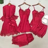 Blanc 5 pièces ensemble de sommeil Pyjamas dame dentelle Satin Pyjamas Kimono robe de bain vêtements de nuit amples maison vêtements col en v vêtements de nuit décontractés
