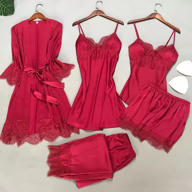 Blanc 5 pièces ensemble de sommeil Pyjamas dame dentelle Satin Pyjamas Kimono robe de bain vêtements de nuit amples maison vêtements col en v vêtements de nuit décontractés