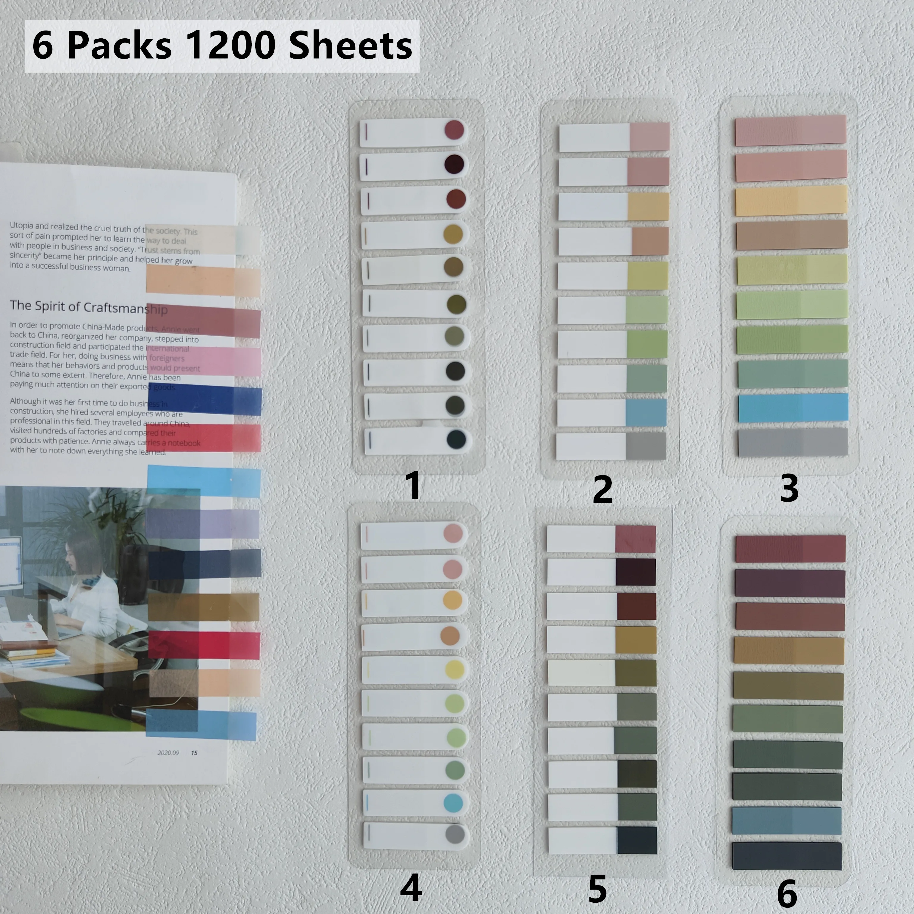 6Packs/1200 Sheets Morandi Transparent Fluorescent Index Tabs PET Arrow Flags Sticky Note for page Marker Planner Sticker Office 6