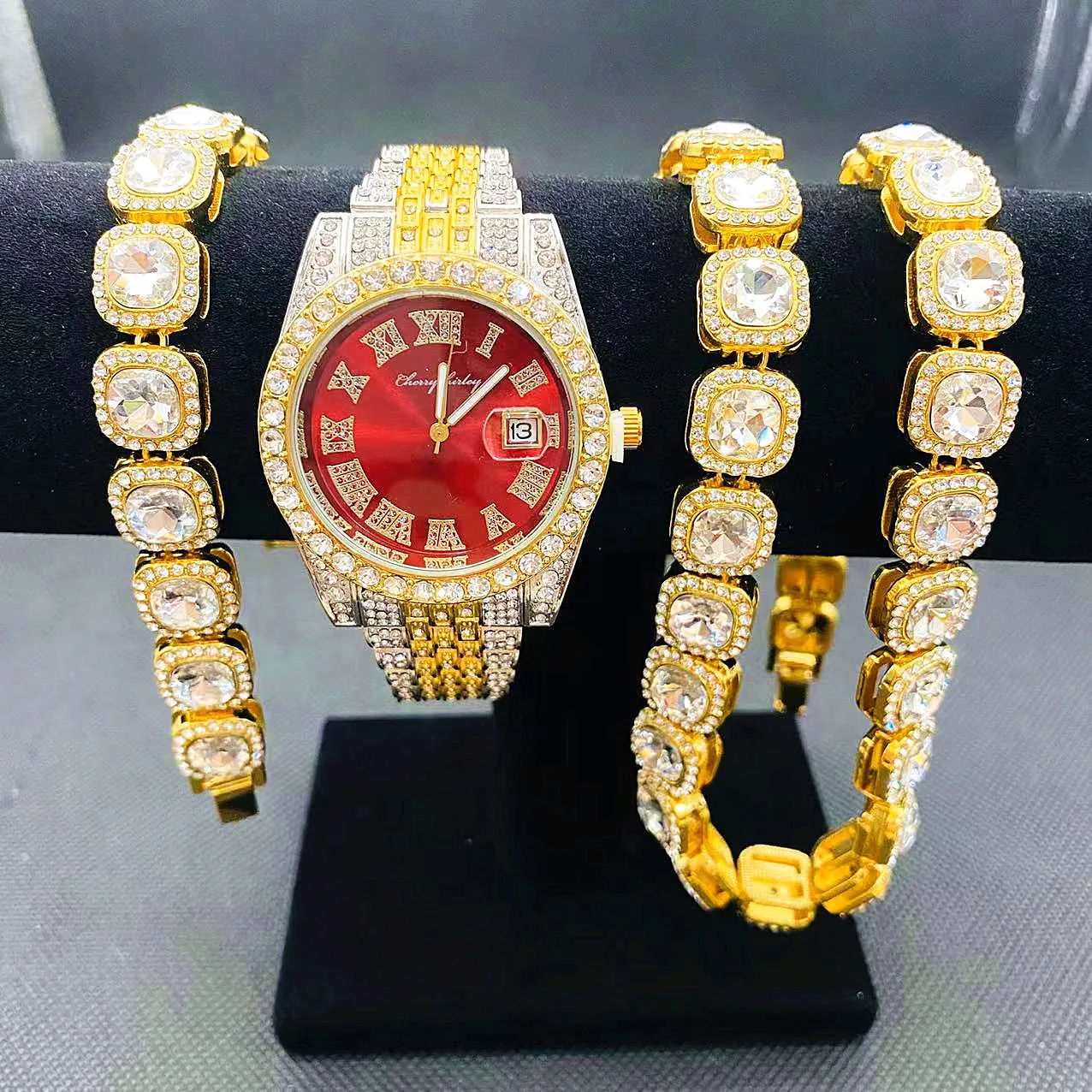 3pcs Full Iced Out Watches Men Gold Chains Bracelet Necklace Red Dial Bling Watch for Men HipHop Jewelry Mens Watch Clocks Set