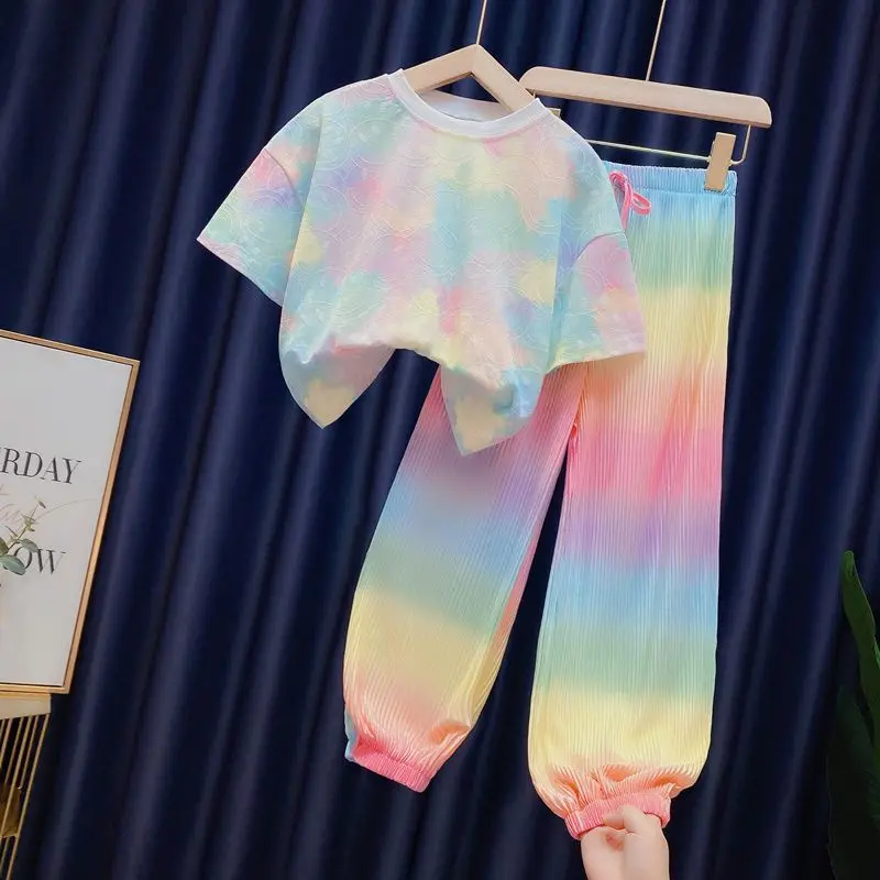 

Girls 2023 Summer New Fashion Ice Silk Rainbow Gradient Color Loose 2pcs T-shirts+pants Suits 3-12 Years Kids Tie-dyed Clothing