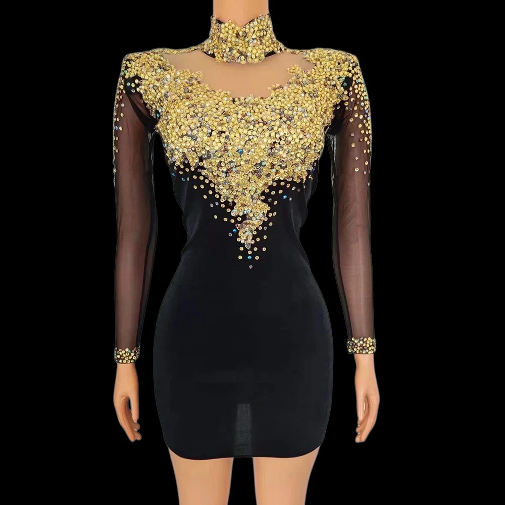 

Black Swan Velvet Shining Gold Rhinestones Gauze Sleeves Long Trailing And Short Dress For Women Evening Prom Cloth Stage Wear