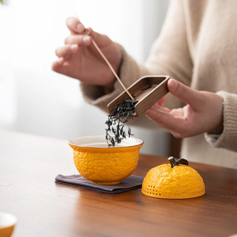 Handmade Ceramic Gaiwan Pottery Tea Bowl Cups Pigmented Orange Shape Tea Tureen Chinese Kungfu Teaware Cup Set