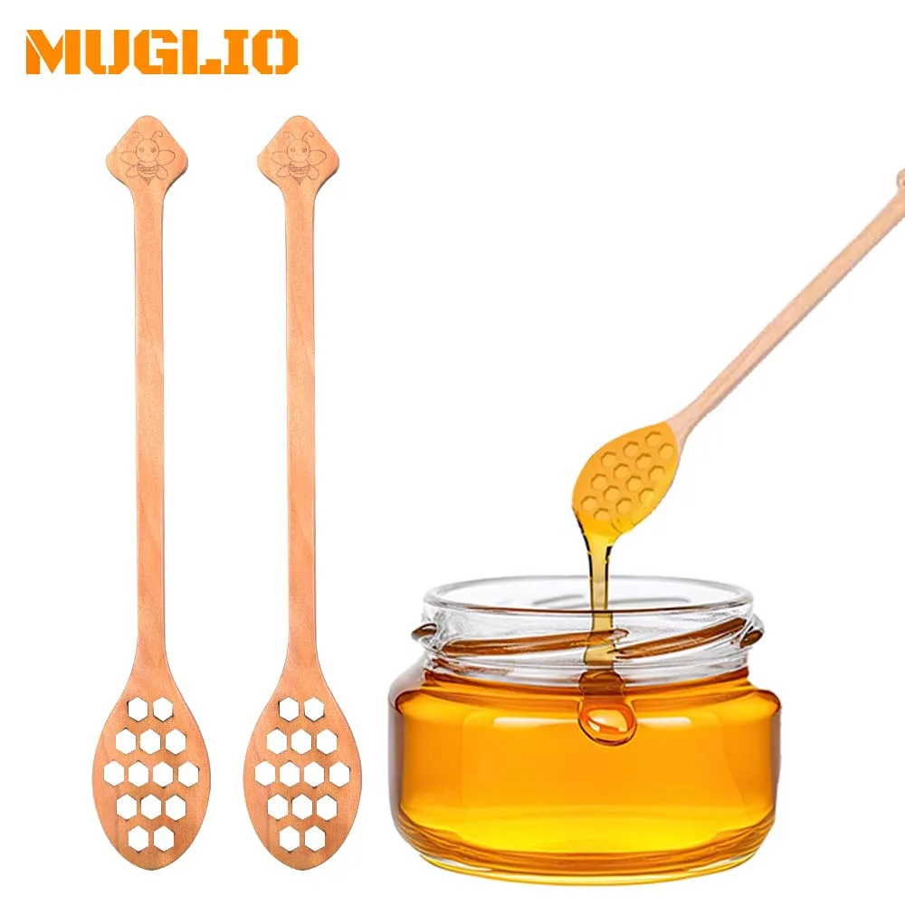 Elegant Wooden Honeycomb Heart Pattern Honey Stirring Spoon with Long Handle - Perfect