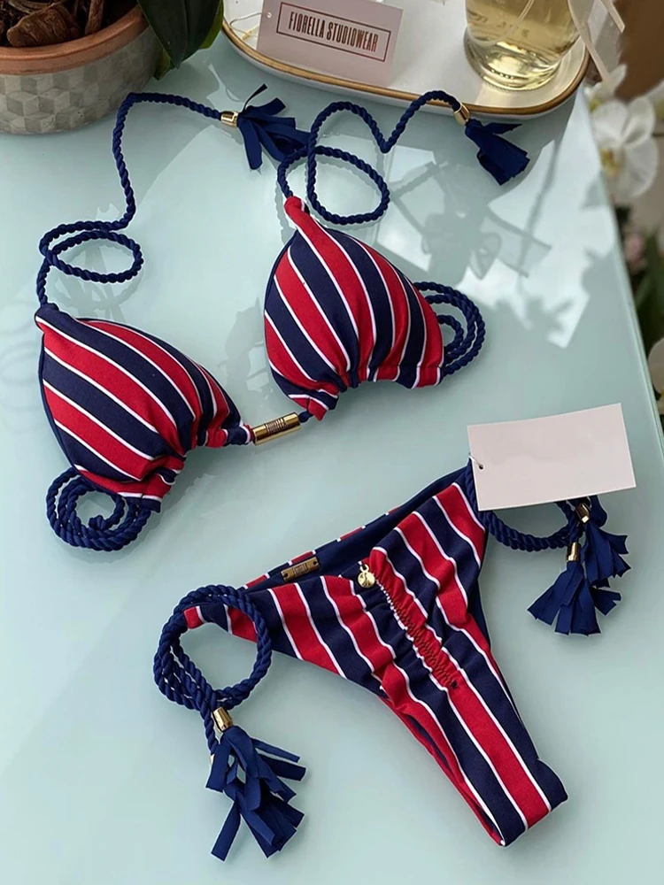 2023 New Triangl Bikini Dupe Solid Sexy Bathing Swim Suits 2 Pieces Lace Up  Neck Fringe Hanging Spike Triangle Split Swimsuit - AliExpress