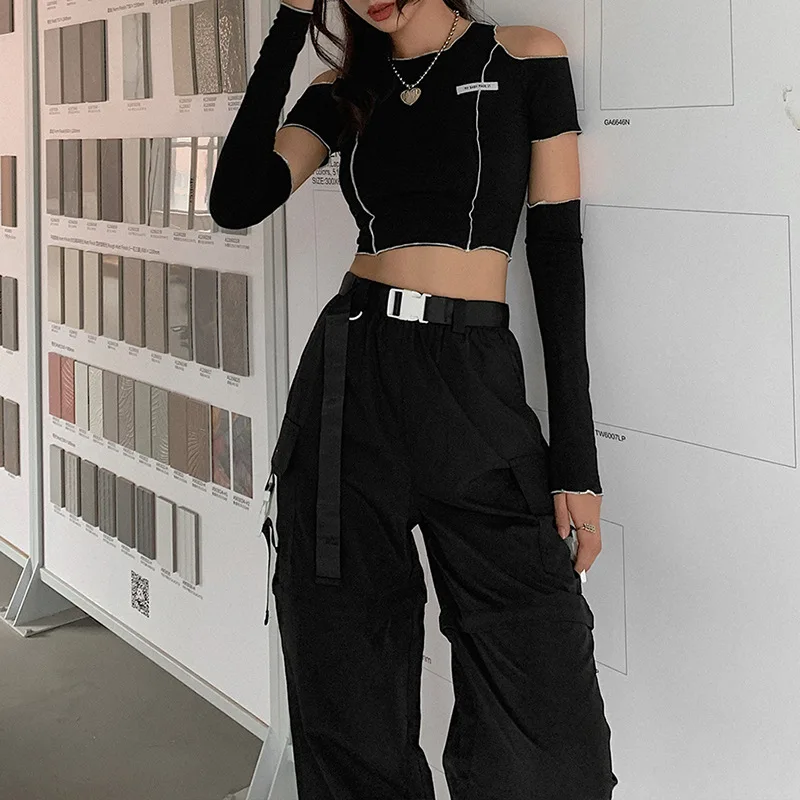 Black Off Shoulder Slim Fit Short Sleeve Women Tee