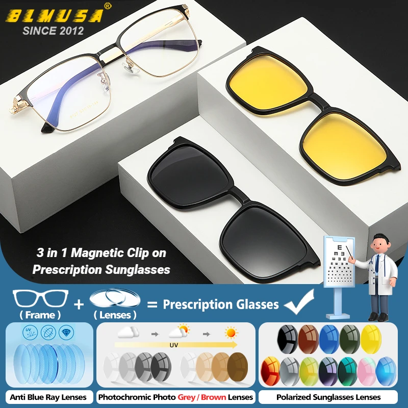 BLMUSA Durable in Magnetic Clip on Myopia Prescription Glasses