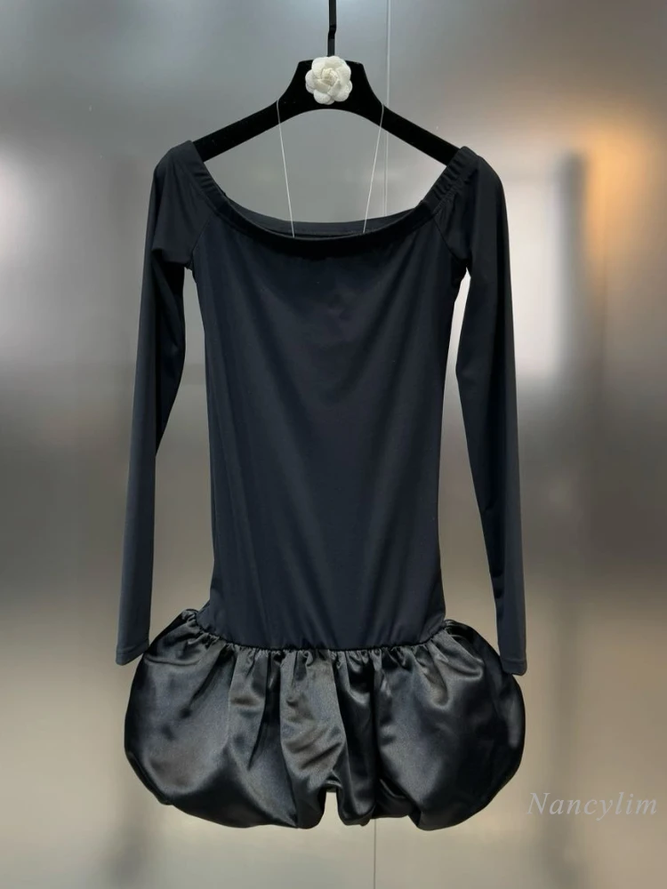 

2024 Spring Off-Shoulder Long Sleeve Bottom Stitching Puffy Bud Dress for Women Slim Fit Black Dresses Bodycon Dress
