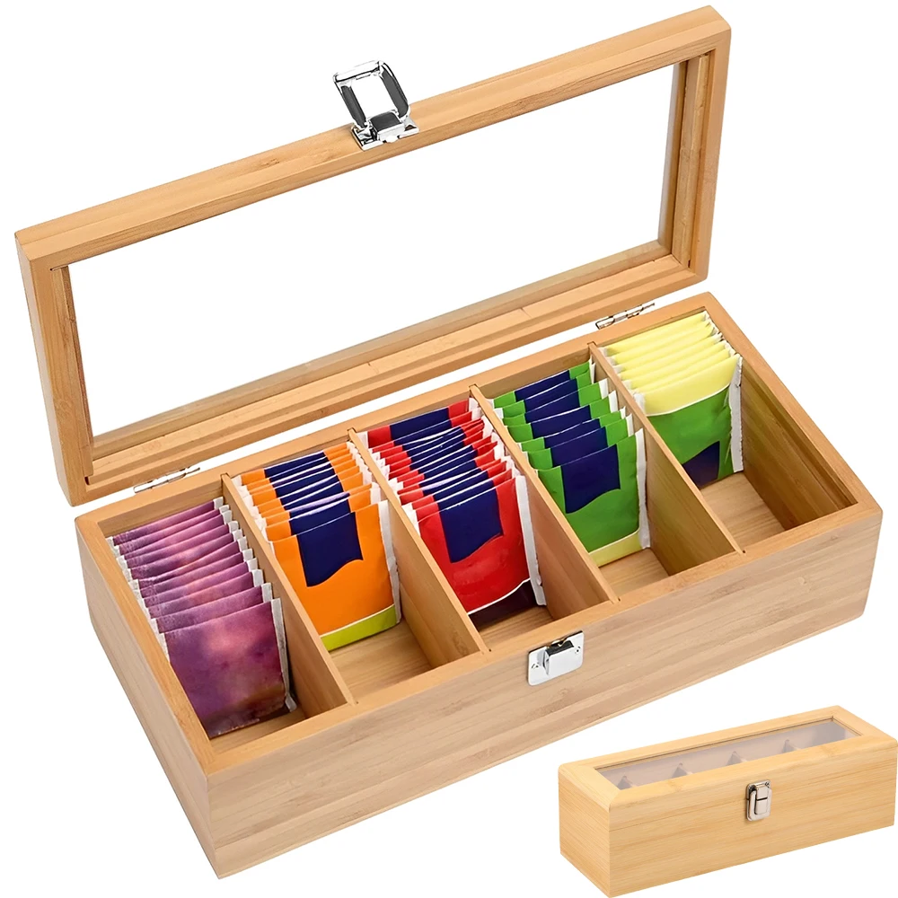 Bamboo Multipurpose Tea Bag Organizer with 5 Compartments