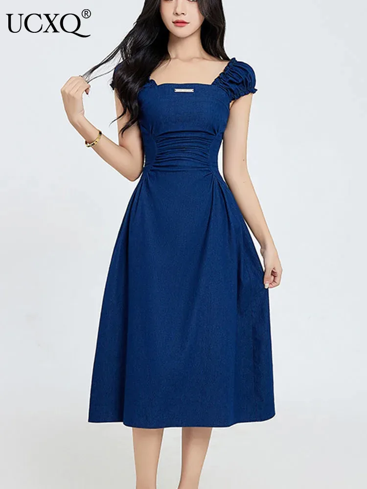 

UCXQ Elegant Blue Square Neck Short Sleeve Dress For Women's High Quality Folds A-line Female Dresses 2024 Spring Summer 23A7349