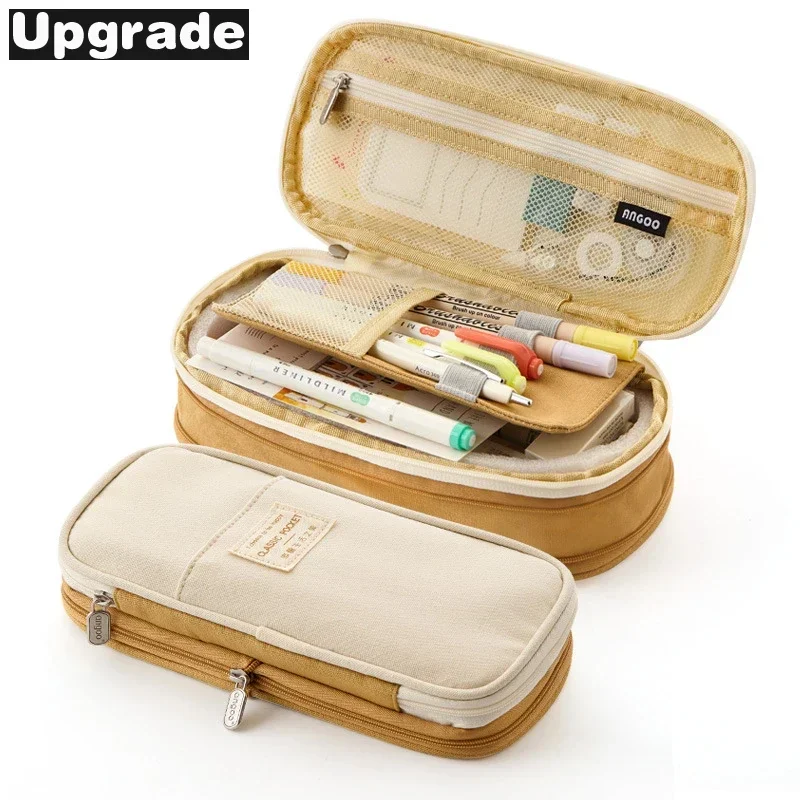 Adorable Double Layer Macaron Canvas Pencil Case for Girls - Large Capacity Kawaii Stationery Pouch