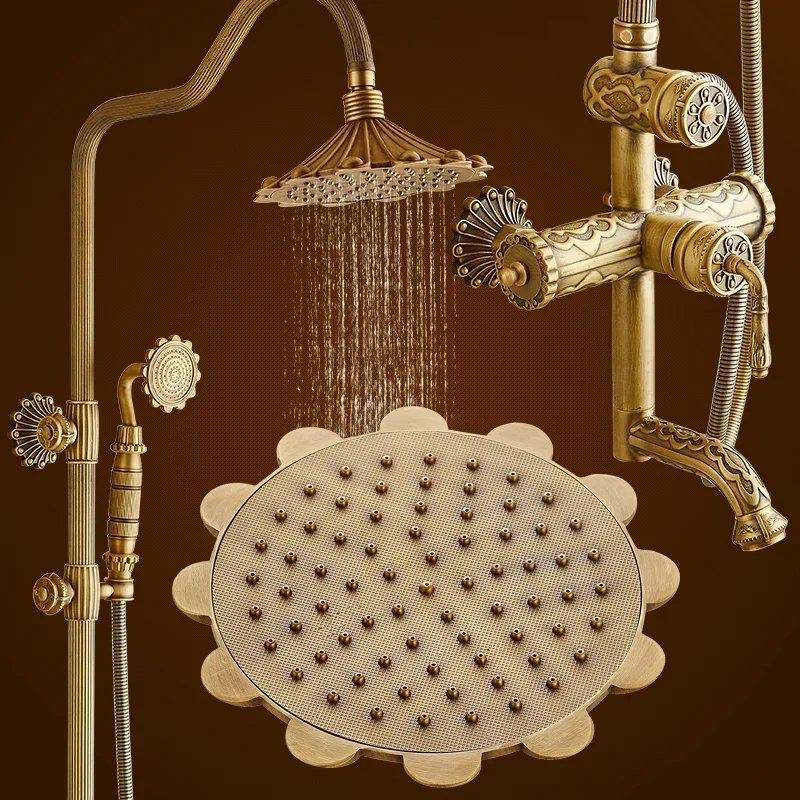 Bath Shower Set Antique Brass Shower System Bathroom Faucet Set Rainfall with Spray Head Europe Bronze Shower Mixer Tap 2