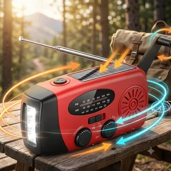 Solar Powered Hand Crank AM FM Radio Multifunctional LED Flashlight USB Charging 2000mAh Camping Outdoor Emergency Light Survival Gear Kit for Power Outage Household Storm Supplies Bug Out Bag Essentials Hurricane 1