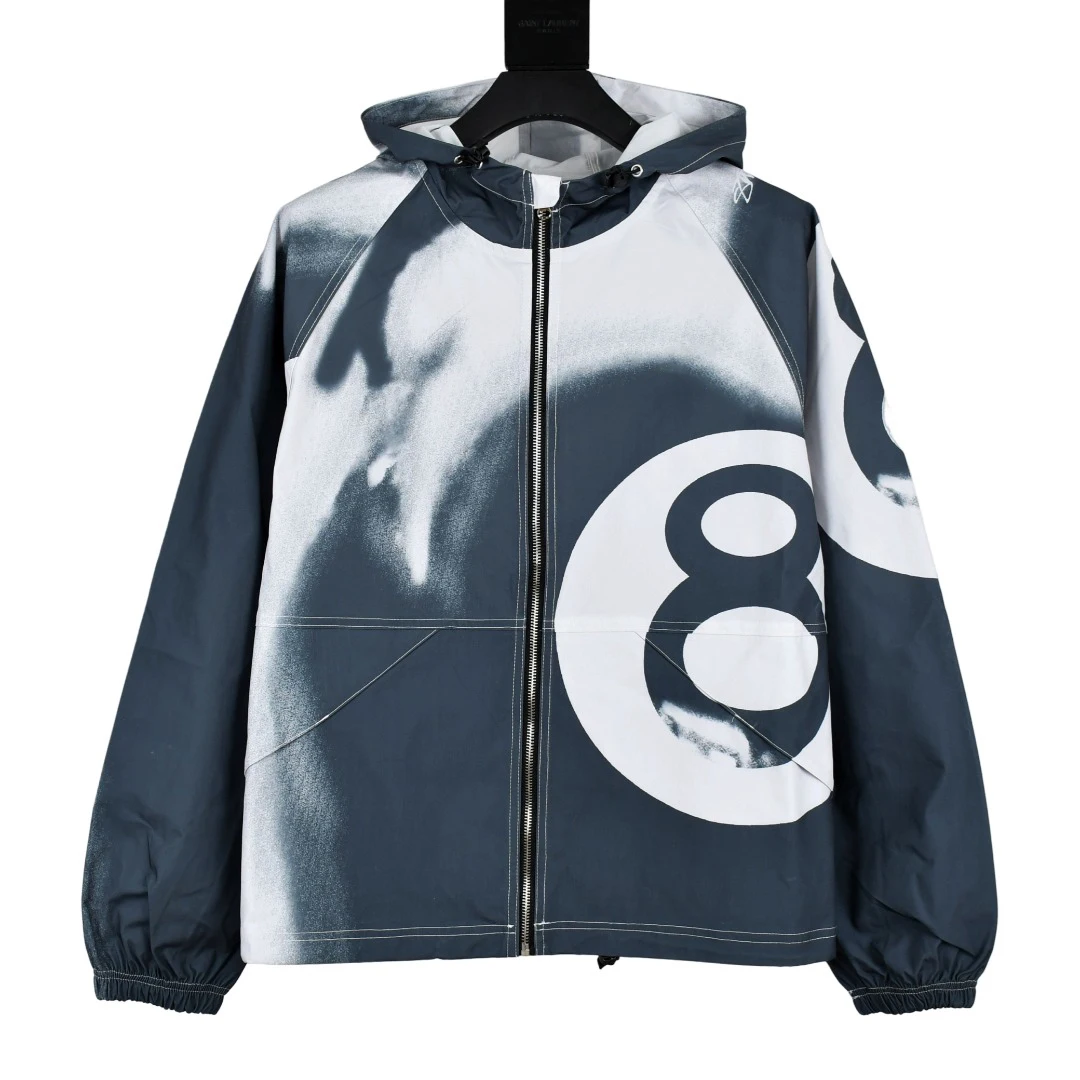 

2023 New Winter Stu Style Men's Black 8 Ball Print Tie-Dye Zipper Hooded Long Sleeve Jacket Thermal Jacket