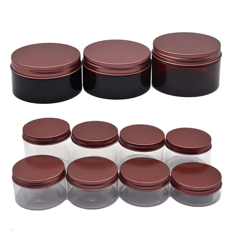 

Clear PET Plastic Jars 150ml 200ml 250ml 300ml 400ml 500ml Dia. 89mm Empty Cream Pots Bronze Aluninum Lid Cosmetic Containers