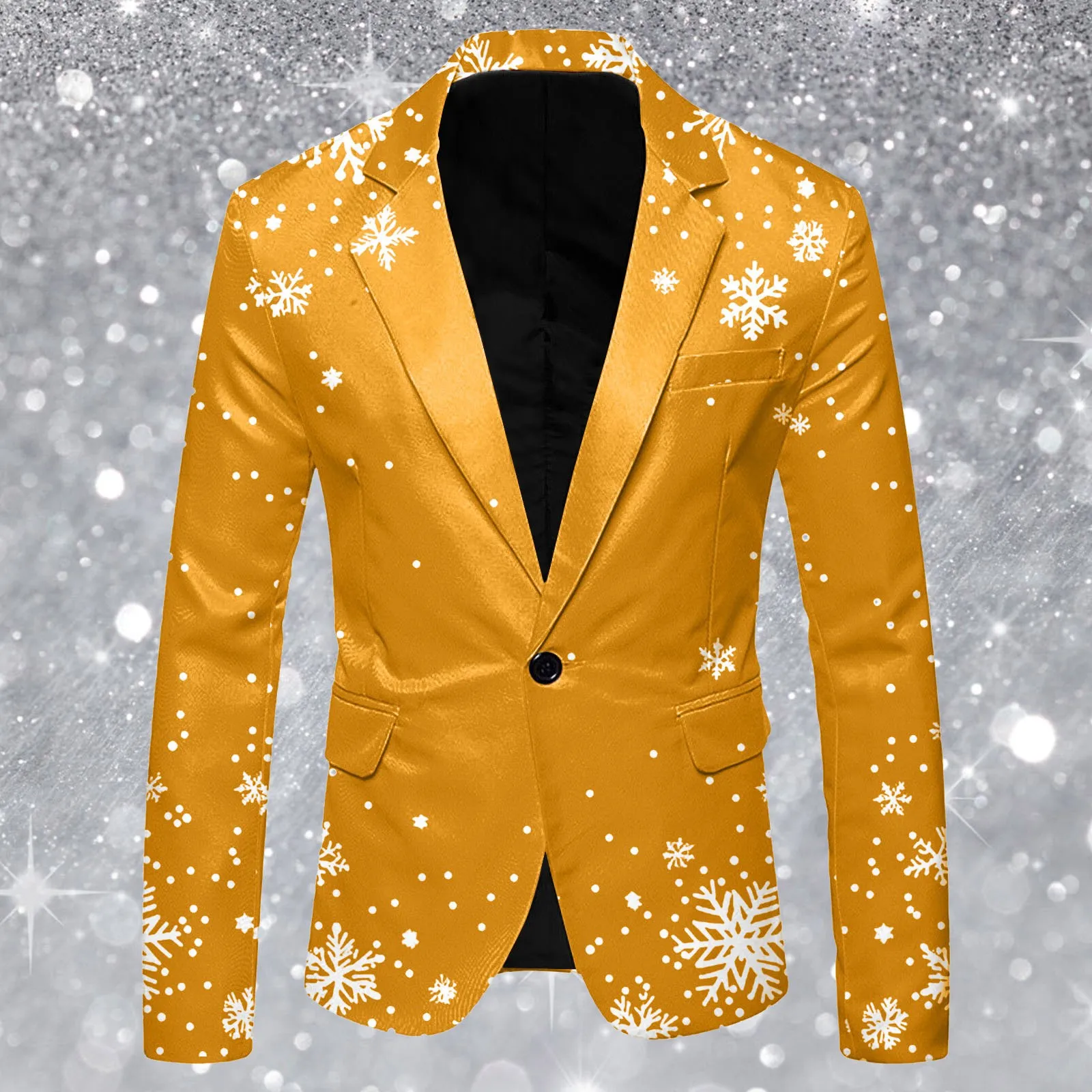 Men Christmas Suit Jacket Snowflake Print Long Sleeve Lapel One Button Blazer Jackets Snow Printed New Year Xmas Suit Coat