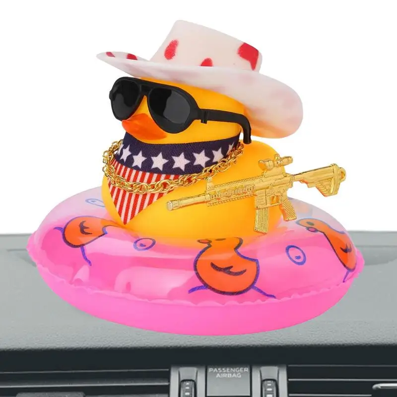 

Car Rubber Squeaky Duck Ornaments With Mini Sun Hat Swim Ring Necklace Sunglasses Duck Design Ornament For Car Dashboard Decor