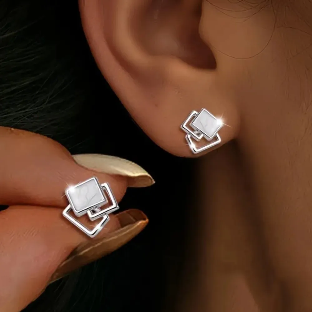 Silver Color Geometric Square Stud Earrings for Women Stylish Hypoallergenic Earring Daily Wear Jewelry Occasions