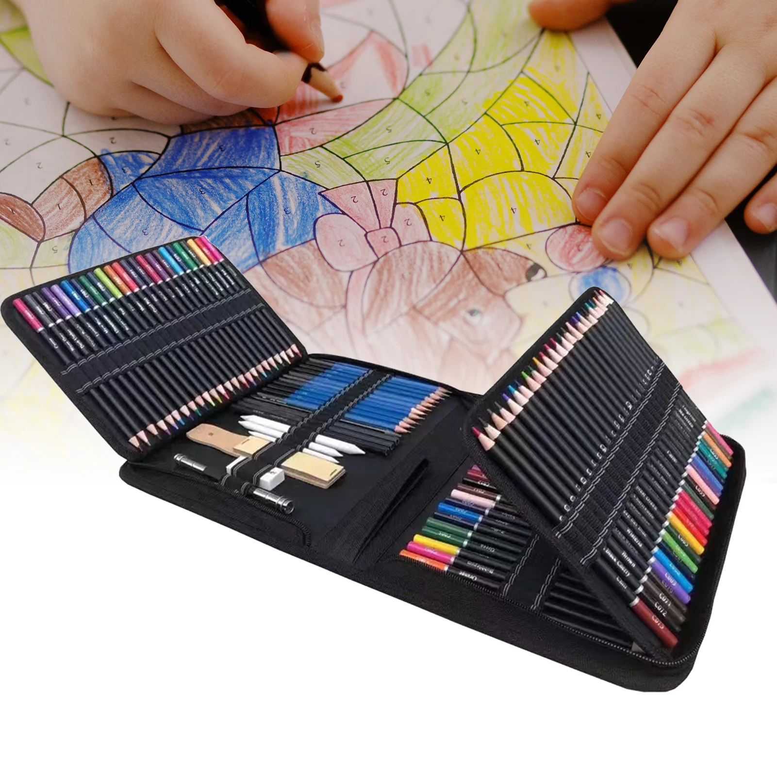 145 피스 전문 드로잉 연필 및 스케치 아트 용품, 오일 베이스 컬러 연필, 숯 연필 지우개, 스케치북 포함