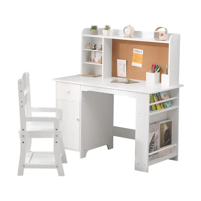 Kids Desk, Study Desk and Chair Set for Boys and Girl, Wooden Kids Writing Table with Bookshelf, Bulletin Board, Cabinet and Dra