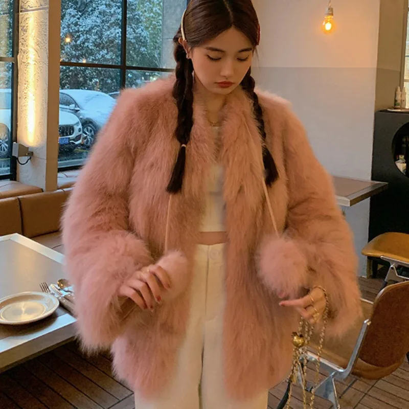 Faux Fox Fur Coat for Women, Loose Mid-Length, Stand Collar, Casual Outwear, Pure Color, Warm Keeping, Winter Fashion, New, 2024