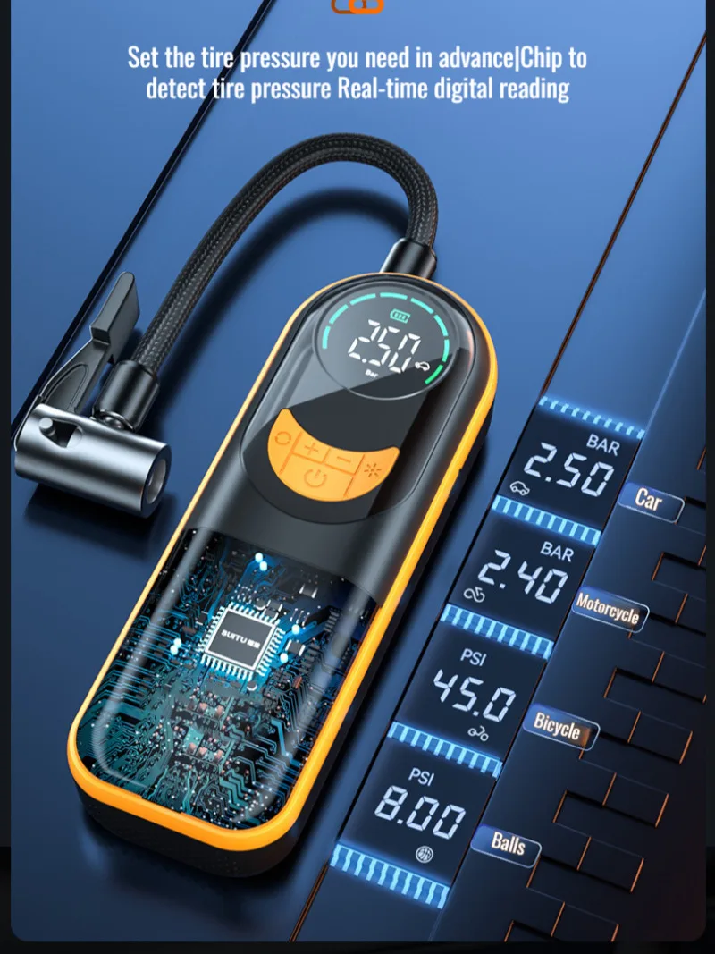 Car multifunction digital display mini portable inflatable pump car wireless charging pump air pump electric tire inflator air compressor pump tire inflator inflatable pump