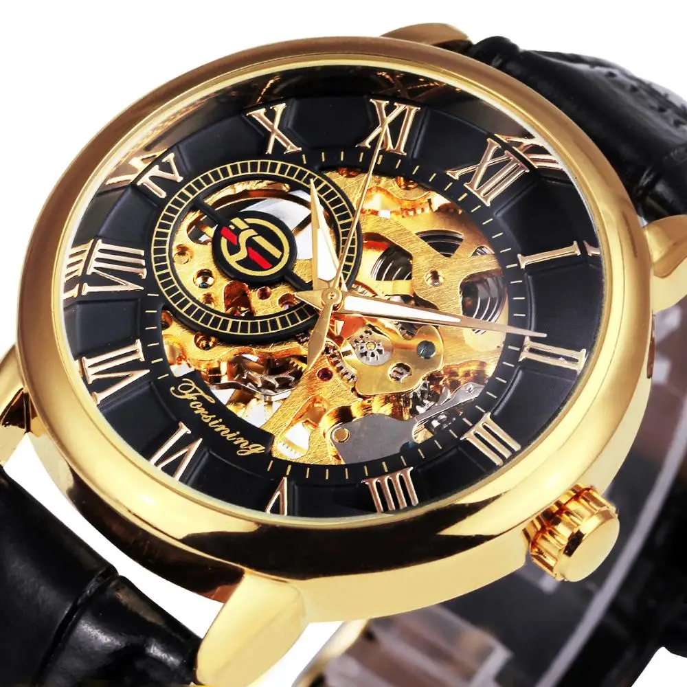 Mechanical Man Gold Watch Mens Watches Top Brand Luxury WINNER Clock Male Skeleton Leather Forsining 3d Hollow Engraving mechanical watch