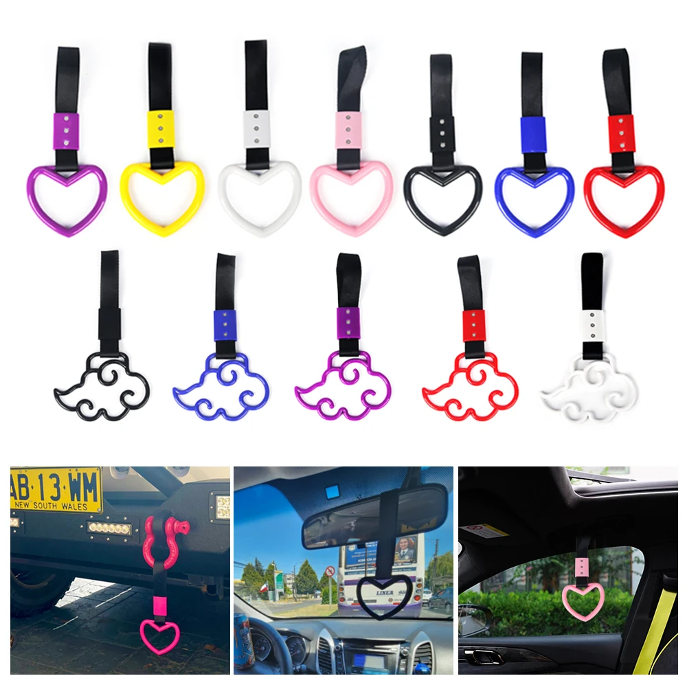 4-Piece Pink Heart Car Accessories Set | Kawaii Handle Straps & Drift Charms | Bumper Ring Hanging Decor | Girly Car Decorations