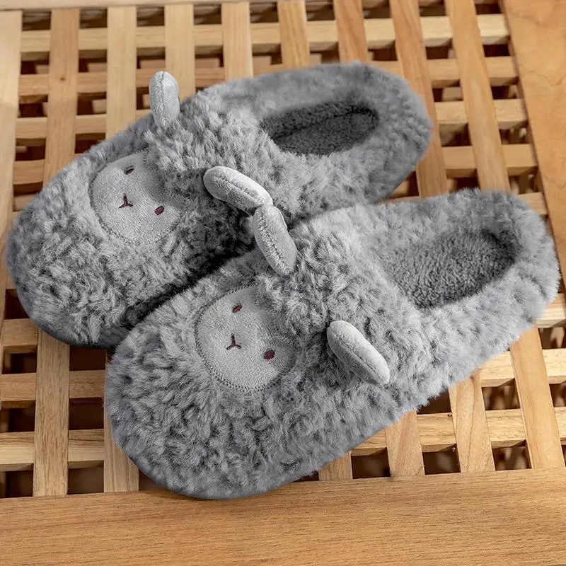 Women Winter Thick Platform Non-slip Cute Sheep Slippers Men Warm Indoor Fur Cotton Sandals Couples Ladies Outdoor Cartoon Shoes 4