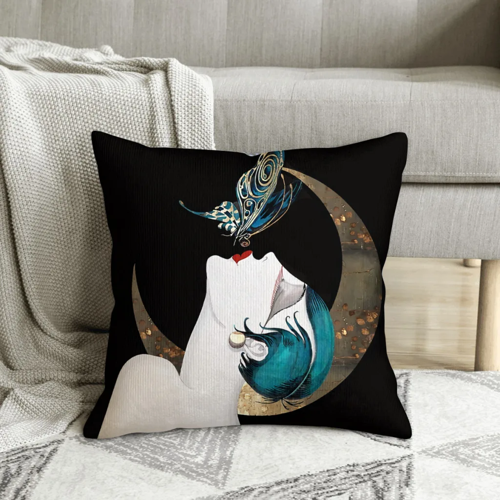 

Butterfly Kiss French Art Deco Flapper Woman Remix Polyester Cushion Cover For Livingroom Decorative Kawaii Throw Pillowcase