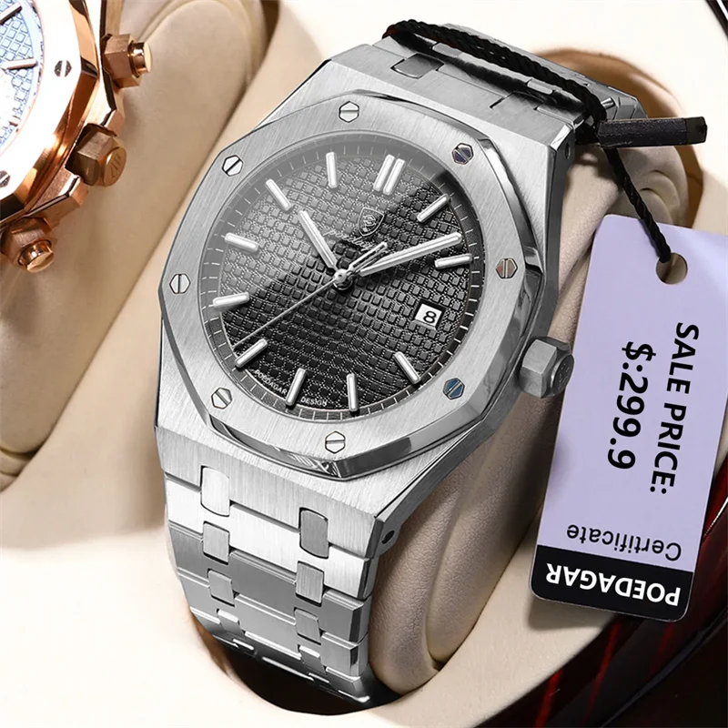 2025 New POEDAGAR Luxury Watch Business Waterproof Male Clock Luminous Date Stainless Steel Square Quartz Men Watch reloj hombre 2
