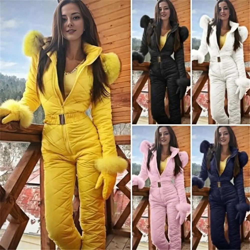 Women Winter Ski Jumpsuit With Gloves Thickened Padded Snowsuit Hooded Ski Outfit Windproof Ice Snow Sports Jumpsuit Lady Jacket