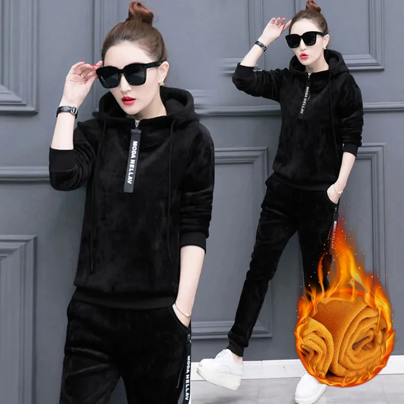 Winter Thicken Velvet 2 Pieces Sets Hooded Sweatshirt Tops Tracksuit High Waist Harem Ankle Length Pant Suits Plush Lined Outfit