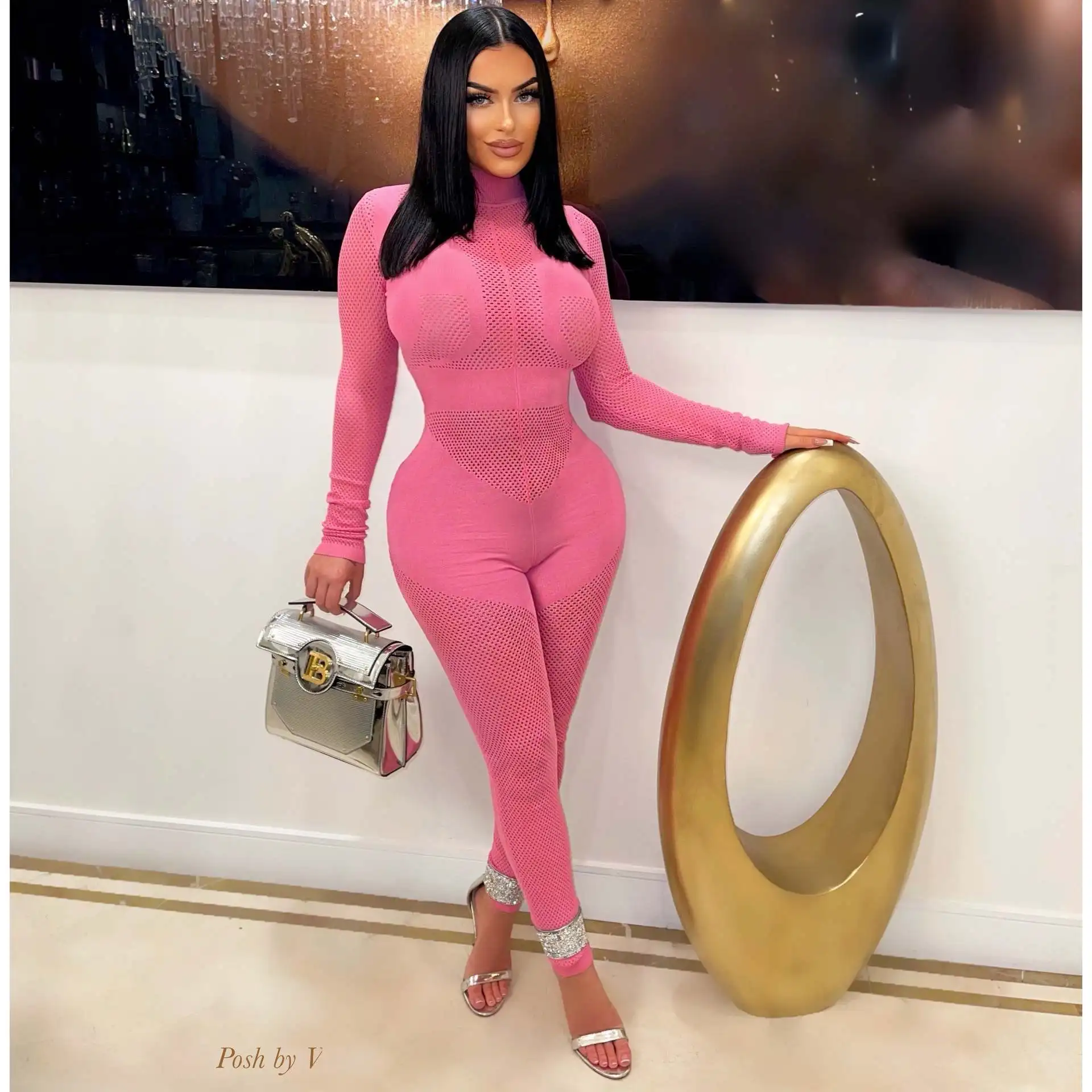 

Sexy Kniited O Neck Hollow Out Skinny Night Club Party Jumpsuit Women Solid Color Long Sleeve One Pieces Rompers Streetwear