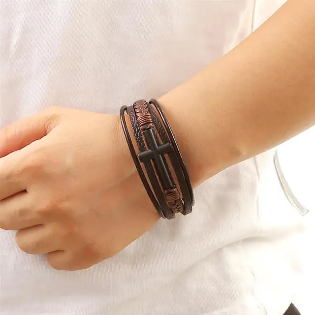 Vintage Men's Leather Bracelet Hand-Woven Multilayer Leather Alloy