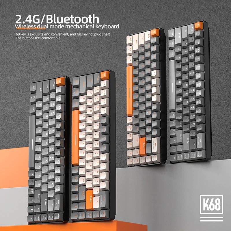 K68 mini mechanická herní klávesnice hot-swappable blue/red spínač 68 klíčů 2.4G/BT5.0 PBT poškrabané