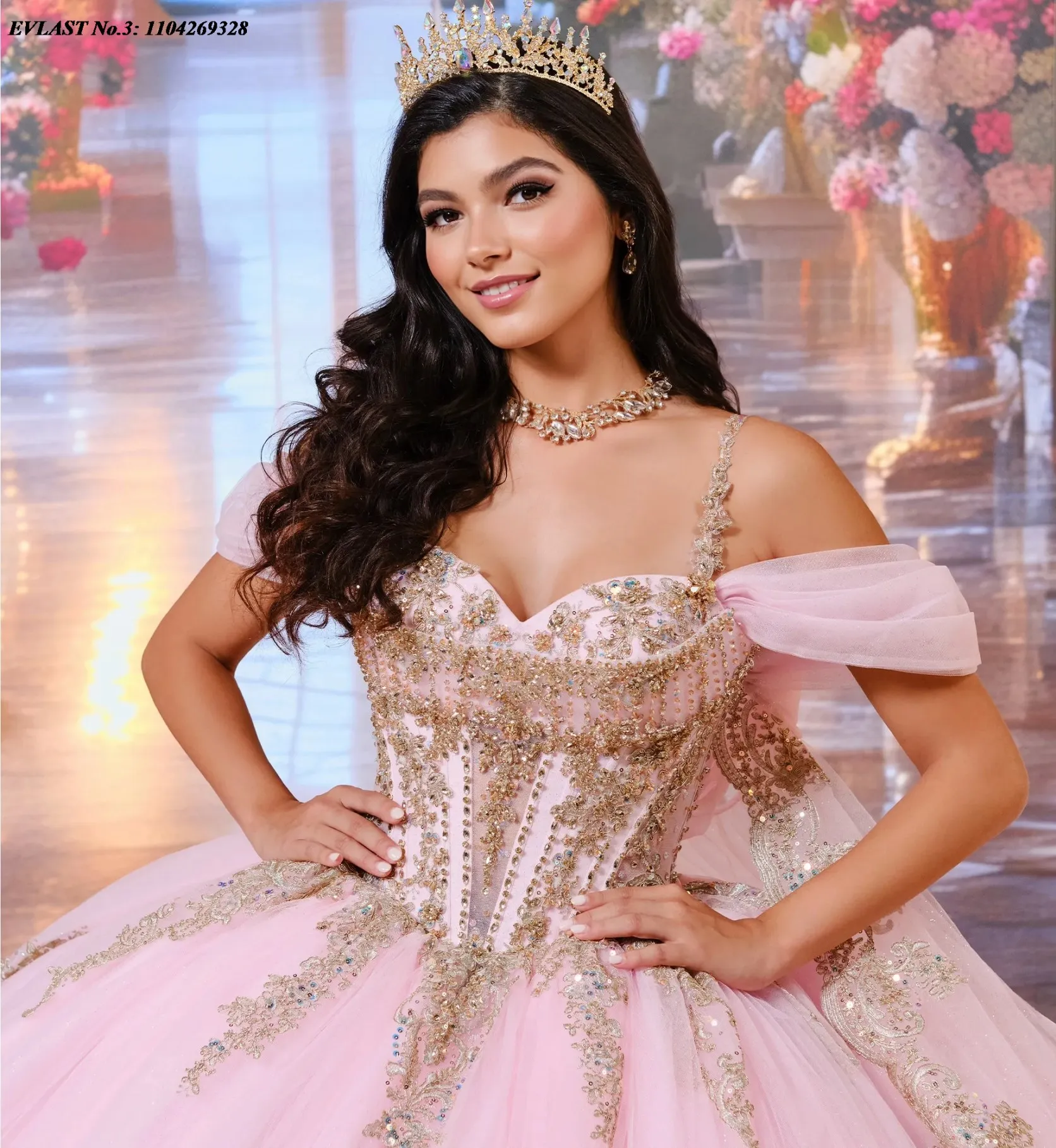 EVLAST Shiny Pink Quinceanera Dress Ball Gown Sequins Lace Applique Beaded Cape Sweet 16 Vestido De 15 Anos E3Q202