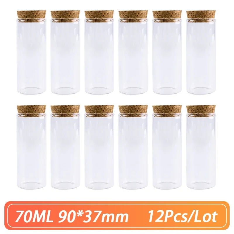 12 Pcs/lot Glass Bottle 90*37mm 70ml Small Stopper Test Tube Storage Spice Bottle Containers Glass jars Vials Cork