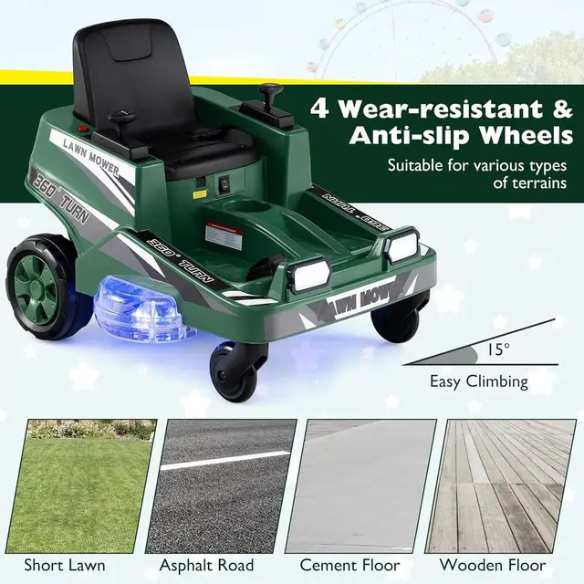 12V Kids Electric Lawn Mower Ride-On, 360° Steering, Dual Controls, LED Lights, Outdoor Toy for Ages 3-8 (Dark Green) 5 12V Kids Electric Lawn Mower Ride-On, 360° Steering, Dual Controls, LED Lights, Outdoor Toy for Ages 3-8 (Dark Green) 5