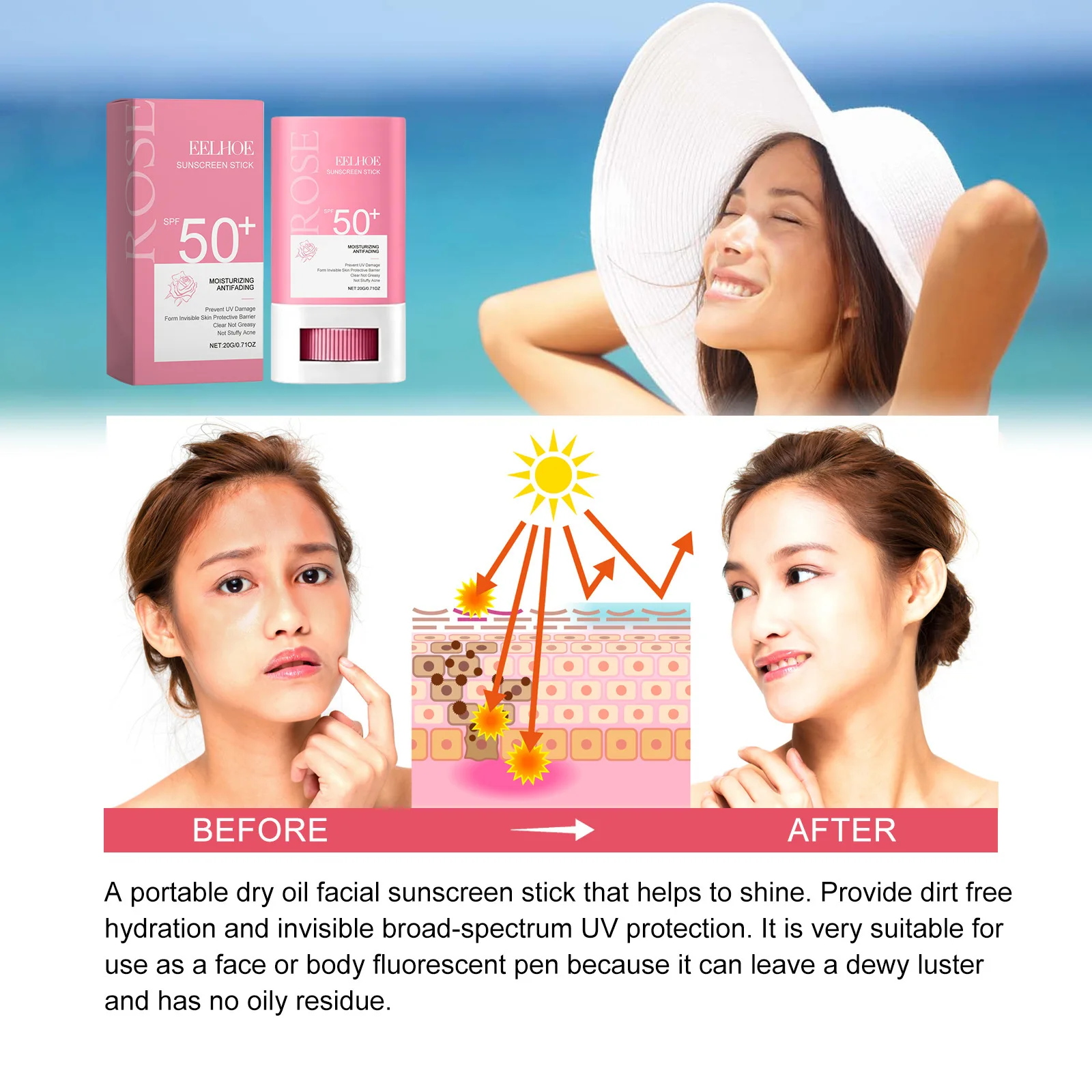 EELHOE Pink Roses Sun Protection Face Cream Outdoor Nicotinamide Matte Sun Stick Spf 50 Sunscreen Moisturizing Face Repair Cream