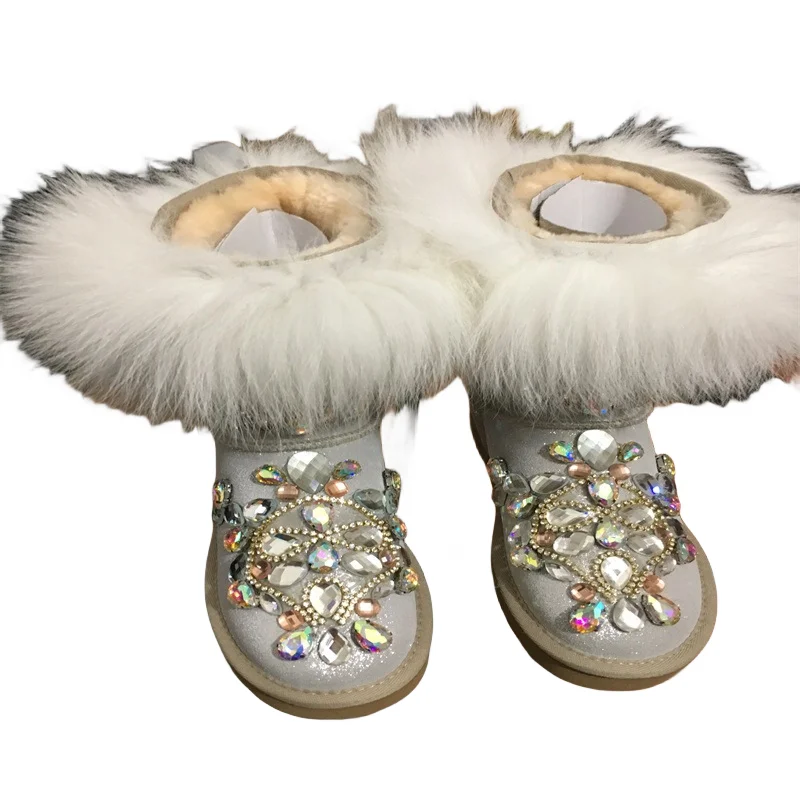 

Fur one boot chain winter plus fleece warm boots rhinediamond hand custom fox hair boots women's large size 35-44