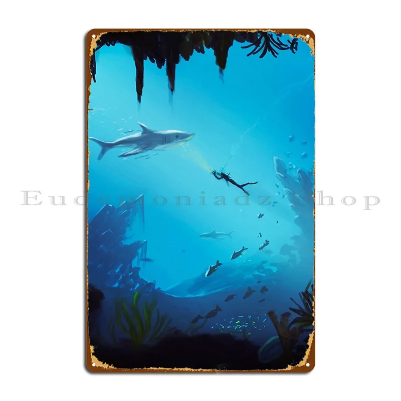 

Подводный плакат с акулой и дайвером, металлический плакат, печать, украшение для бара, гараж, фотоплакат