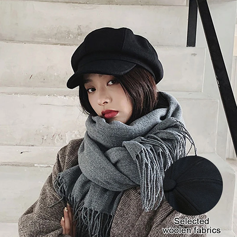 Solid color berets hat windproof winter hat woolen fashion beret autumn winter outdoor cotton hat windproof octagonal hat unisex painter hats caps