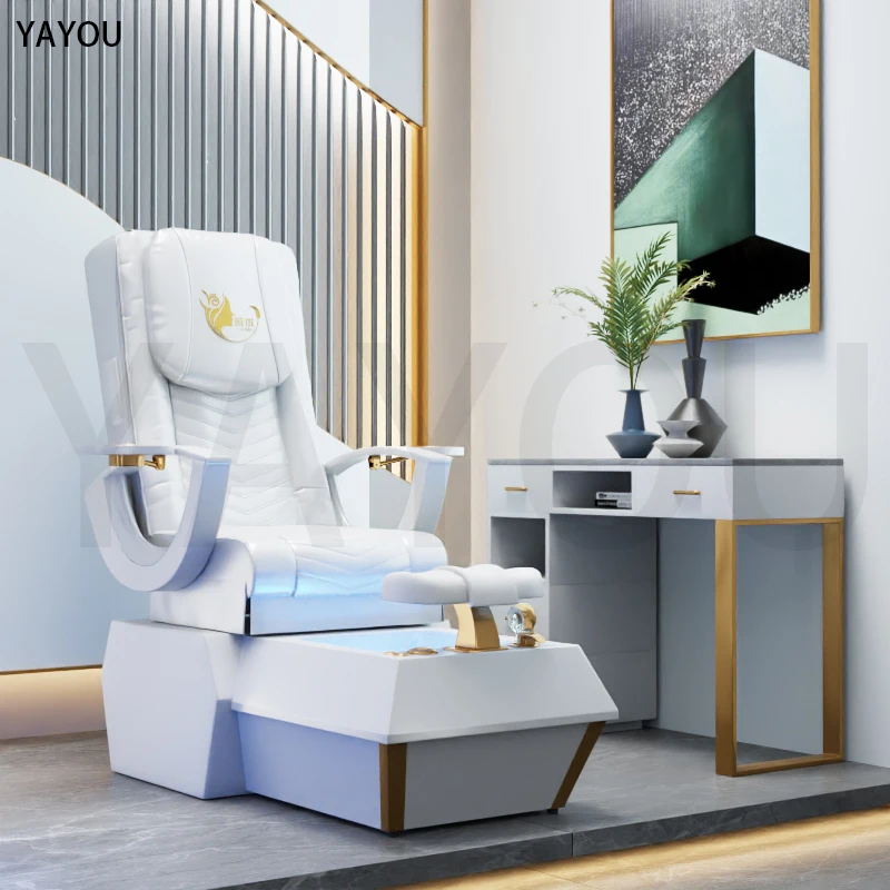 Pedicure Chair, Luxurious White Leather Massage Foot Therapy, Spa Massage Chair, Nail Salon Beauty Furniture