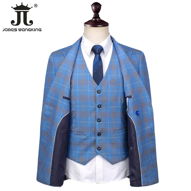 S-5XL Men's Formal Suit 3piece Blazer Vest Pants Luxury Business Blue Plaid Groom Wedding Dress Party Tuxedo formal suit,business men clothing